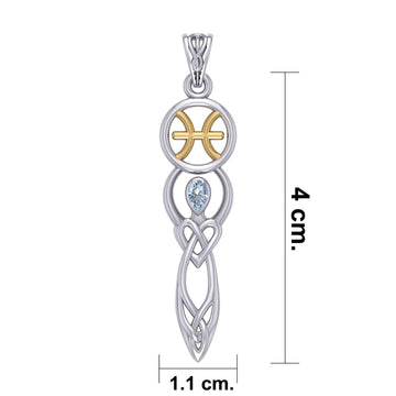 Celtic Goddess Pisces Astrology Zodiac Sign Silver and Gold Accents Pendant with Aquamarine MPD5934 - Jewelry